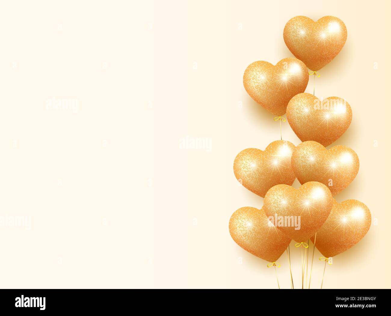 Carte de banderole avec un bouquet de ballons dorés en forme de coeur avec paillettes étincelantes. Illustration romantique pour la Saint-Valentin, l'anniversaire, les femmes Illustration de Vecteur