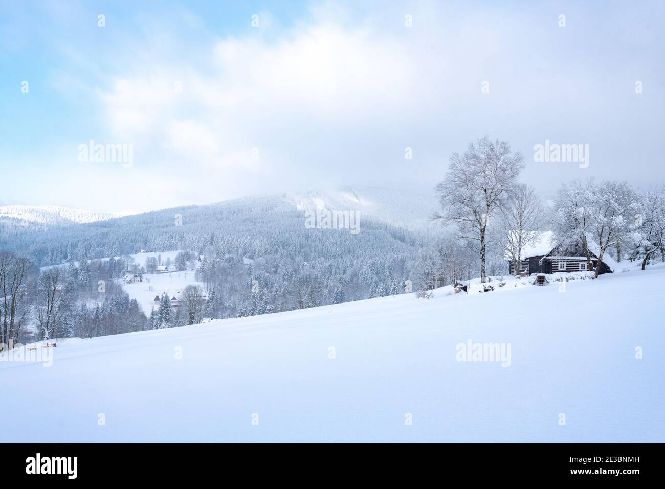 Paysage hivernal enneigé des montagnes Orlické Hory en République tchèque avec chalet avec des ruches et des collines à l'horizon. Banque D'Images