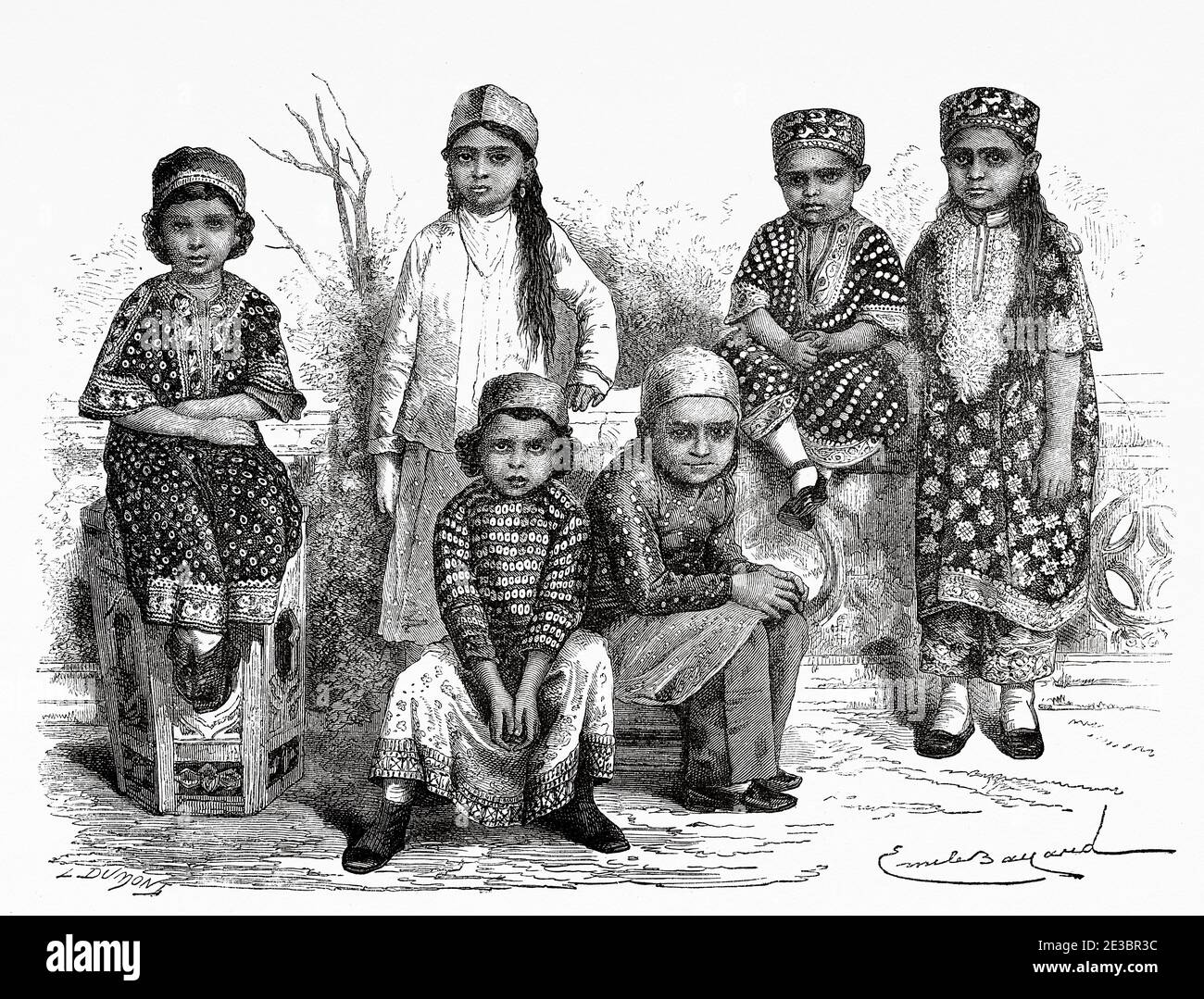 Portrait des enfants de la Parsee de Bombay, Inde. Ancienne illustration de gravure Prince de Galles visite Albert Edward de l'Inde. El Mundo en la Mano 1878 Banque D'Images