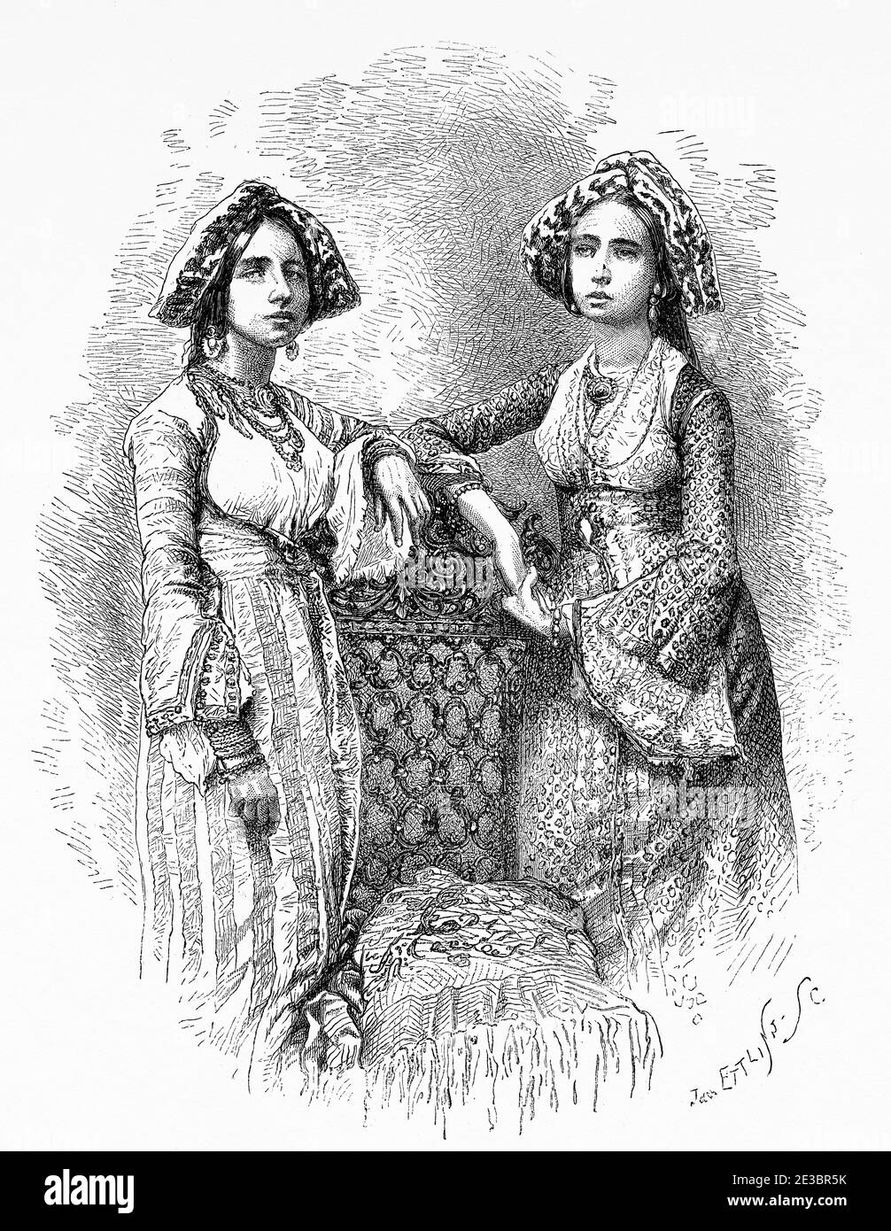 Portrait de femmes juives de Kochi. Ville de Cochin dans l'État indien du Kerala, district d'Ernakulam, État de Thiruvananthapuram. Inde. Ancienne gravure illustration Prince de Galles Albert Edward tour de l'Inde. El Mundo en la Mano 1878 Banque D'Images