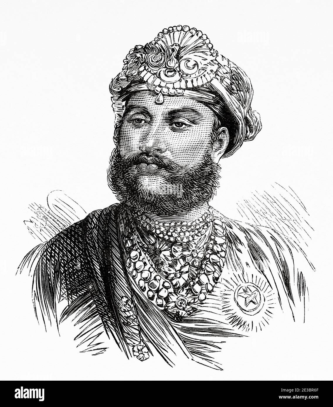 Portrait du feu Maharajah Holkar, souverain d'Indore, Inde centrale. Ancienne gravure illustration Prince de Galles Albert Edward tour de l'Inde. El Mundo en la Mano 1878 Banque D'Images