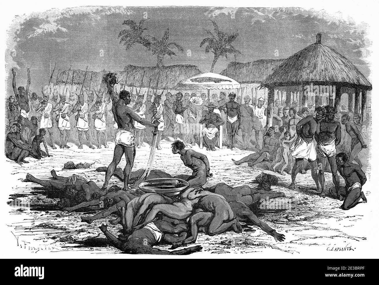 Sacrifices humains à Dahomey, Afrique Centrale, illustration gravée du XIXe siècle, le Tour du monde 1863 Banque D'Images