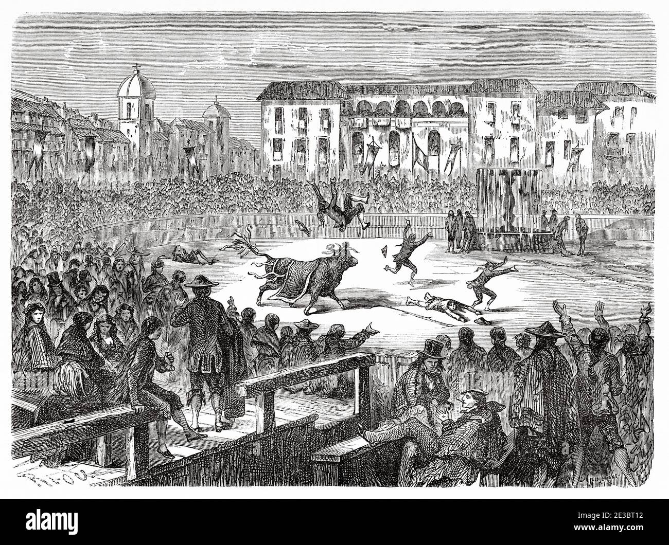 Spectacle de corrida traditionnel. Corrida à Cusco 19e siècle. Pérou, Amérique du Sud. Illustration gravée du XIXe siècle, le Tour du monde 1863 Banque D'Images