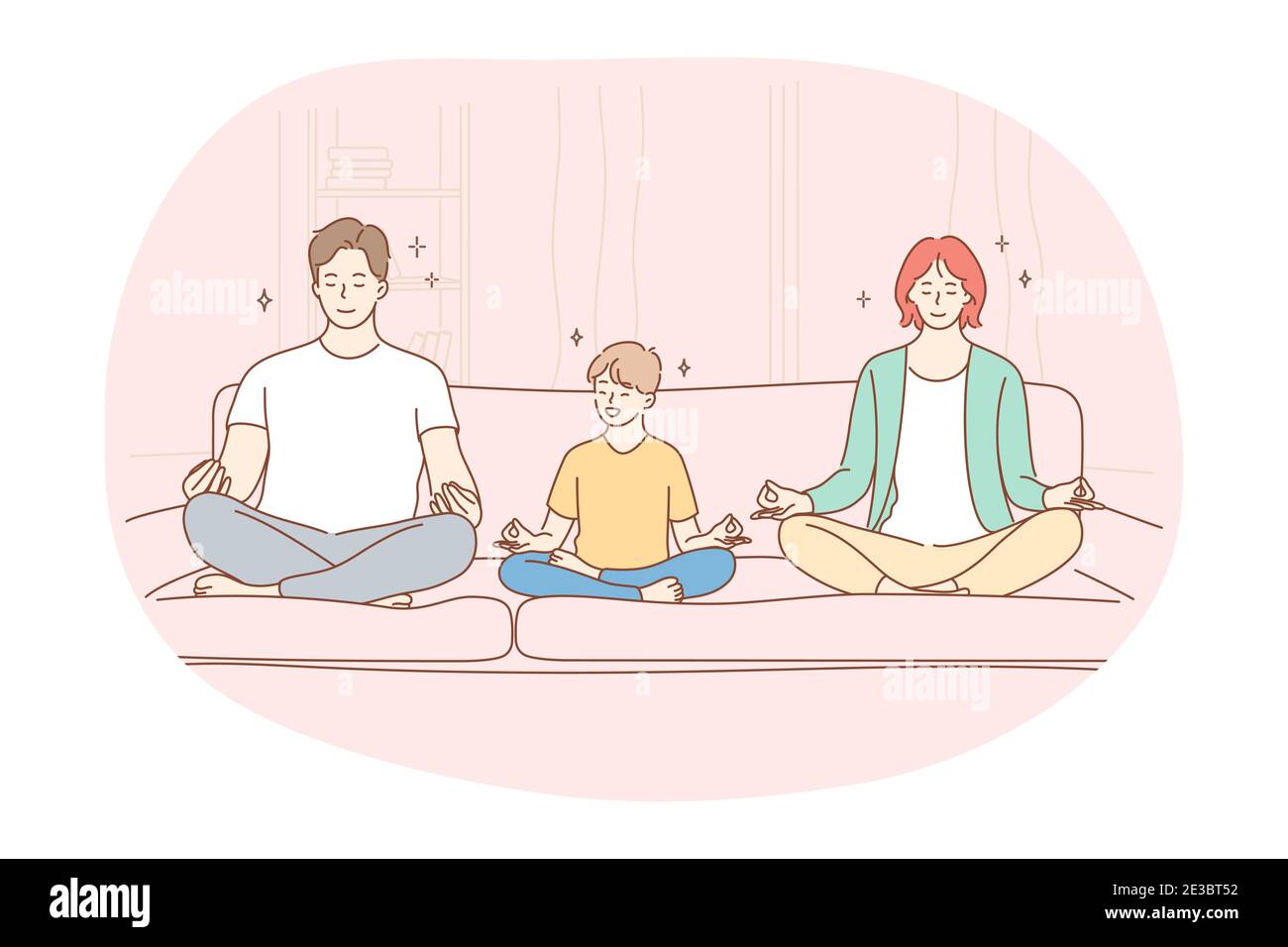 Yoga, méditation, sport actif sain concept de mode de vie. Famille souriante et heureuse avec un petit fils assis ensemble sur un canapé en position lotus, pratiquant y Illustration de Vecteur