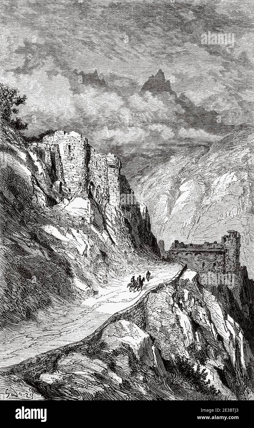 Les voyageurs arrivant à fort Bellagarde, XVIIe siècle, le Perthus, Pyrénées orientales. France, Europe Banque D'Images