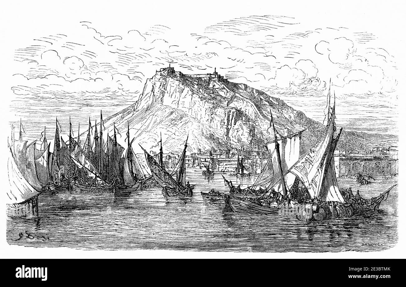 Vue panoramique sur le port de pêche, le château et la ville d'Alicante. Comunidad Valenciana. Espagne, Europe. Illustration gravée du XIXe siècle, El Mundo en la Mano 1878 Banque D'Images