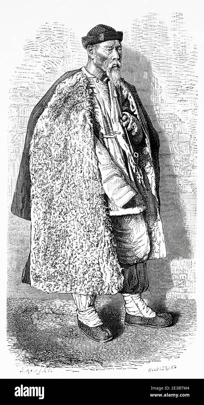 Agriculteur des rives de la rivière Pei-ho, Chine. Ancienne illustration gravée du XIXe siècle, Voyage à Pékin et Chine du Nord 1873 Banque D'Images
