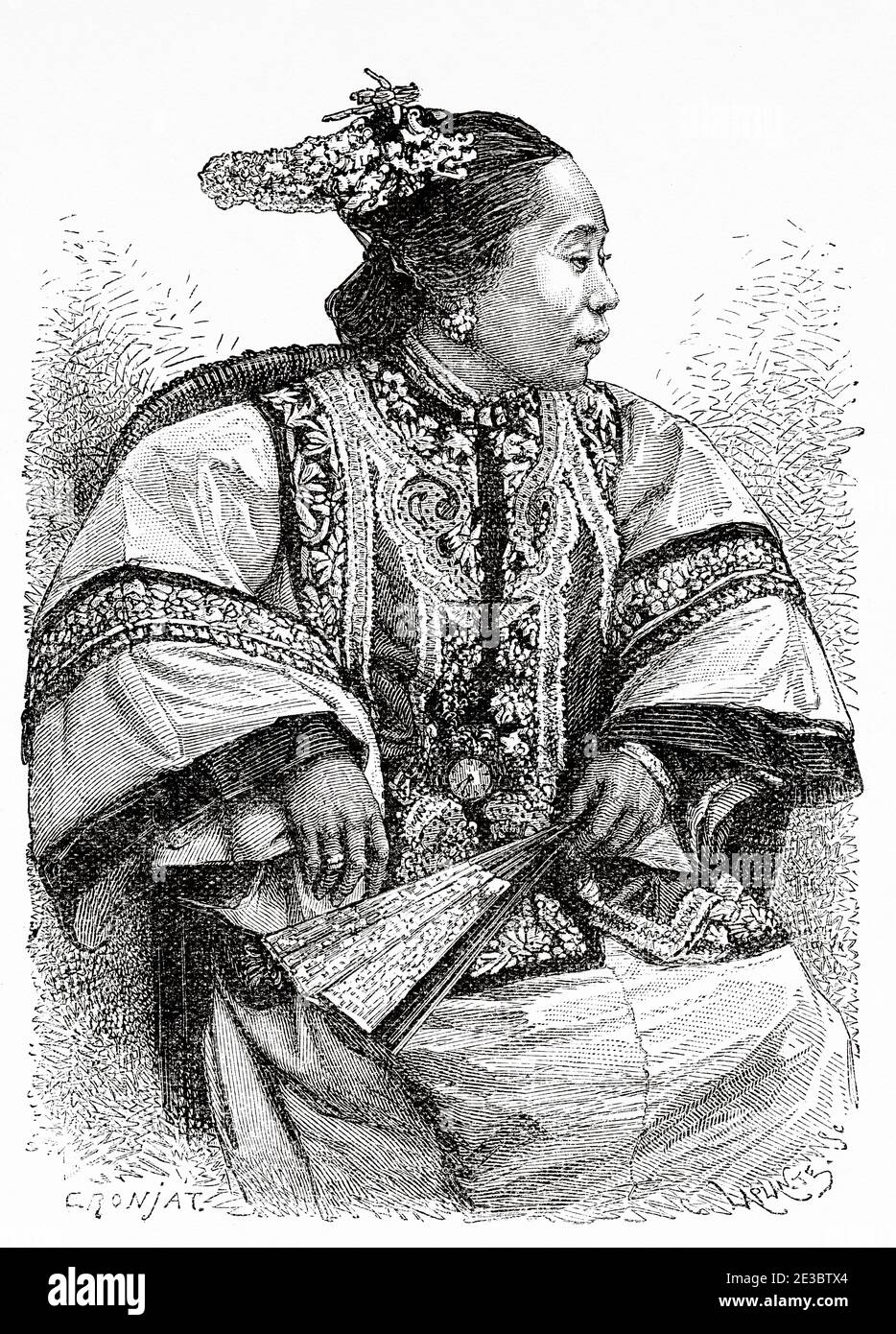 Femme d'honneur chinoise, Pékin, Chine. Ancienne illustration gravée du XIXe siècle, Voyage à Pékin et Chine du Nord 1873 Banque D'Images