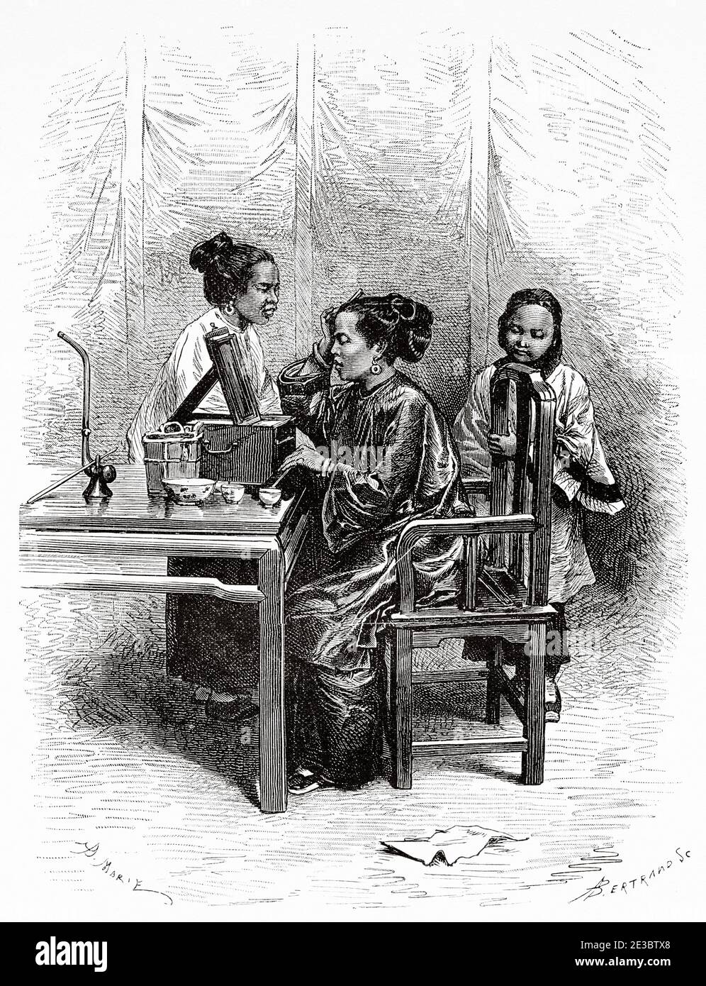 Femme chinoise à sa table d'habillage, Pékin, Chine. Ancienne illustration gravée du XIXe siècle, Voyage à Pékin et Chine du Nord 1873 Banque D'Images