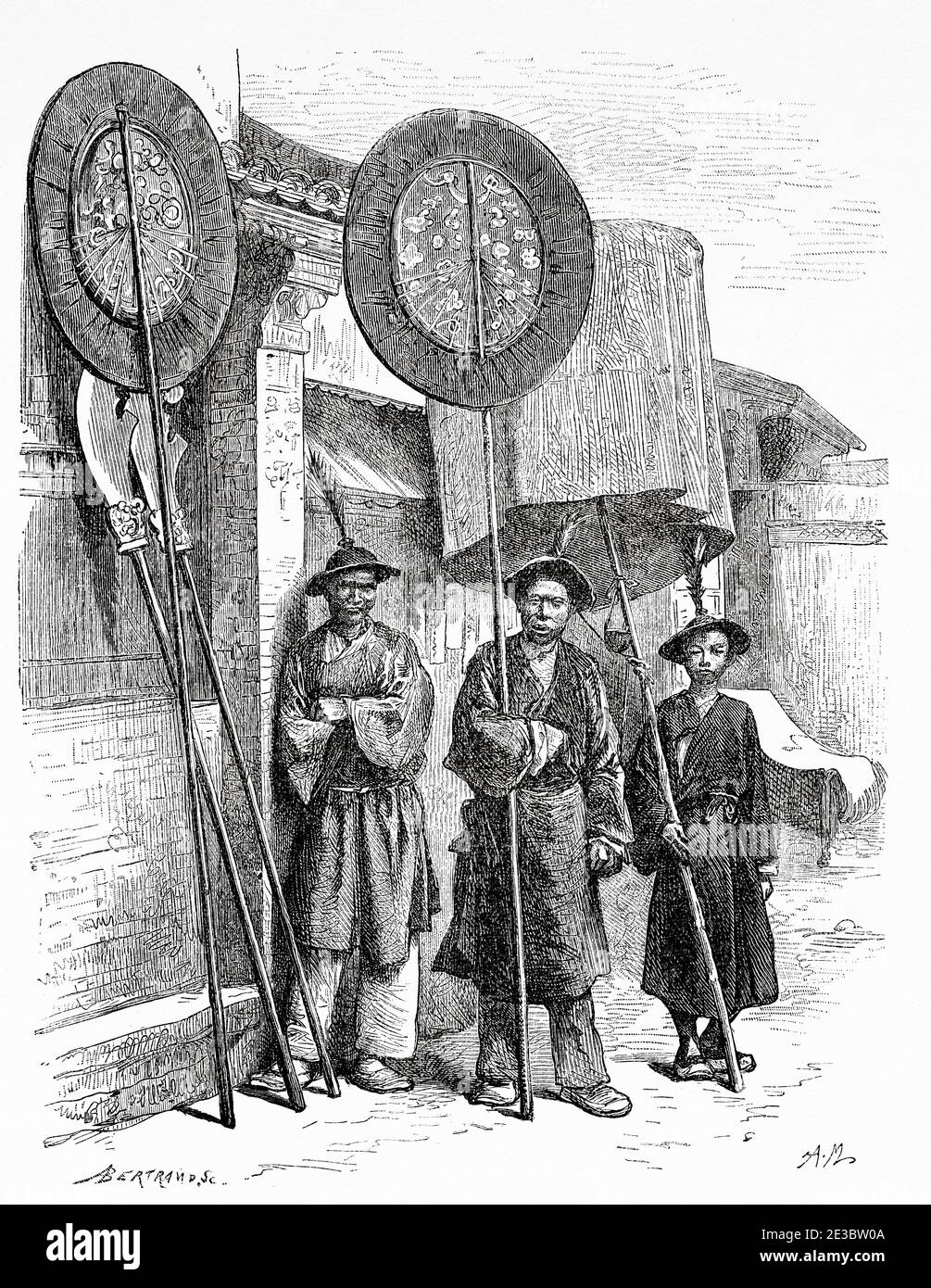 Travailleurs funéraires, Chine. Ancienne illustration gravée du XIXe siècle, Voyage à Pékin et Chine du Nord 1873 Banque D'Images