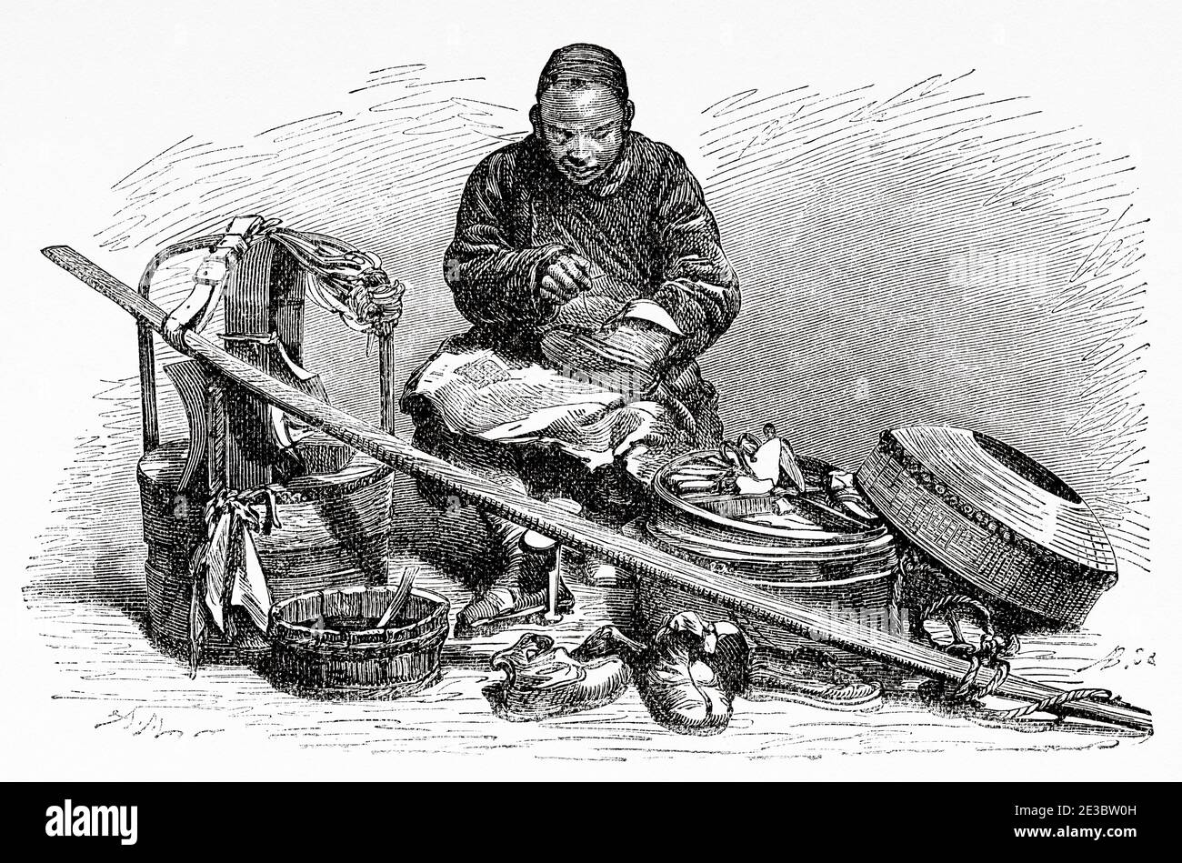 Cordonnier chinois, Pékin, Chine. Ancienne illustration gravée du XIXe siècle, Voyage à Pékin et Chine du Nord 1873 Banque D'Images