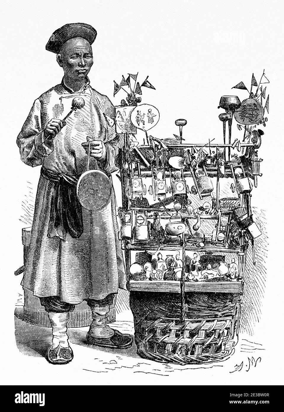 Vendeur de jouets itinérant, Pékin, Chine. Ancienne illustration gravée du XIXe siècle, Voyage à Pékin et Chine du Nord 1873 Banque D'Images