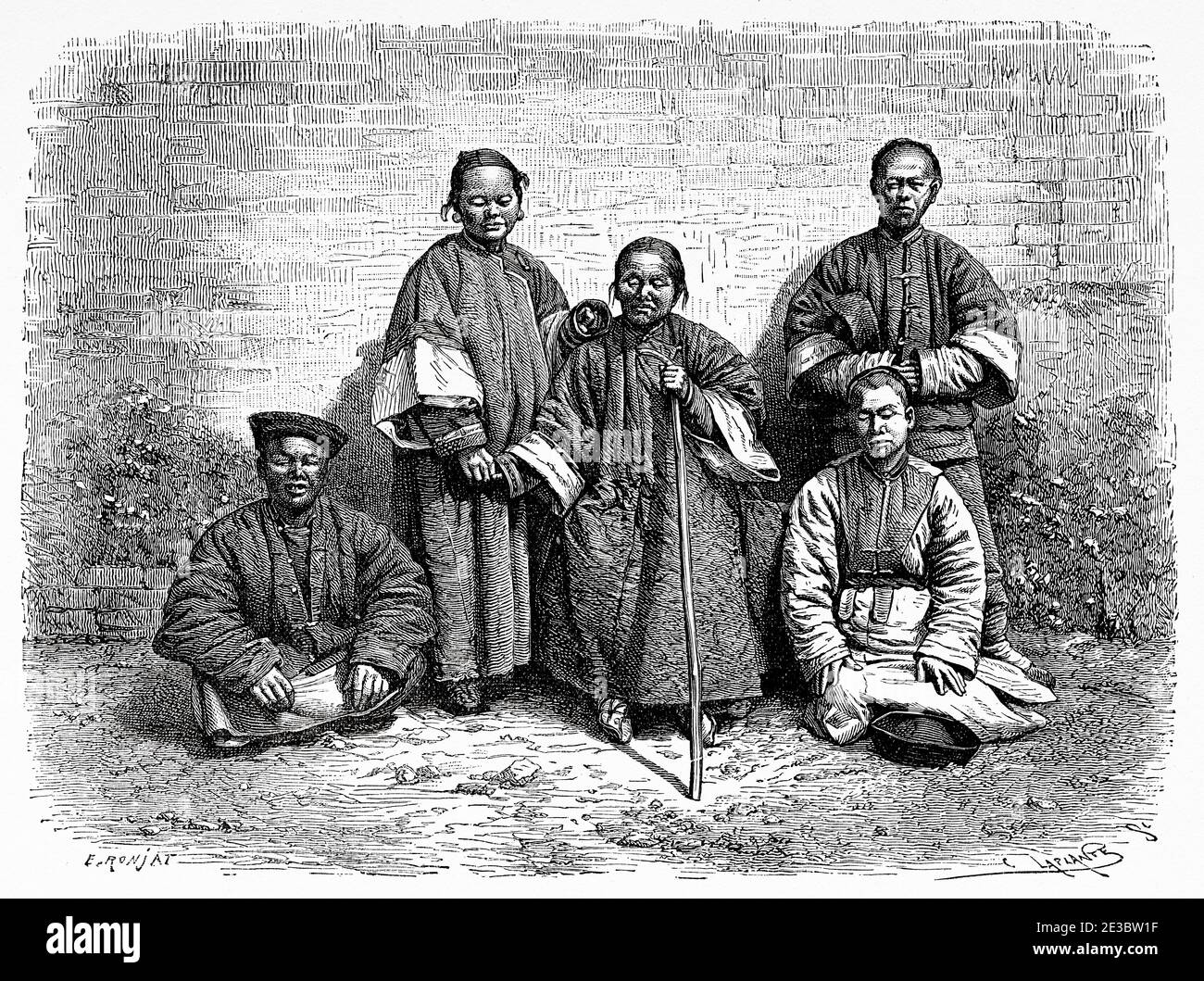Les mendiants aveugles chinois, la Chine. Ancienne illustration gravée du XIXe siècle, Voyage à Pékin et Chine du Nord 1873 Banque D'Images