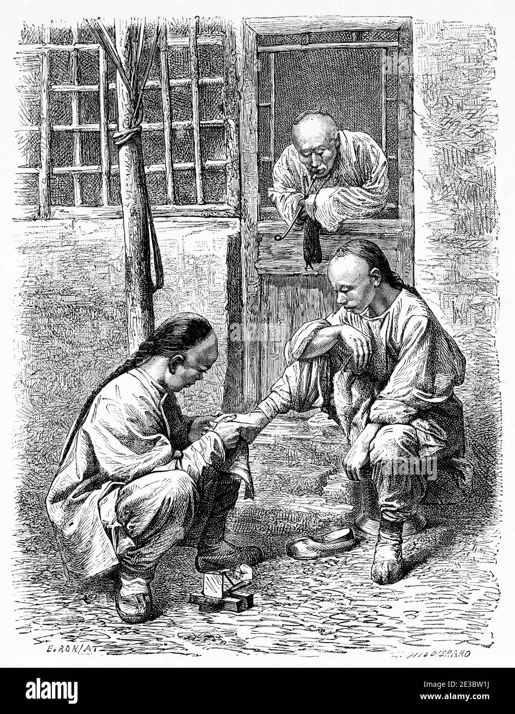 Soins des pieds, Chine. Ancienne illustration gravée du XIXe siècle, Voyage à Pékin et Chine du Nord 1873 Banque D'Images