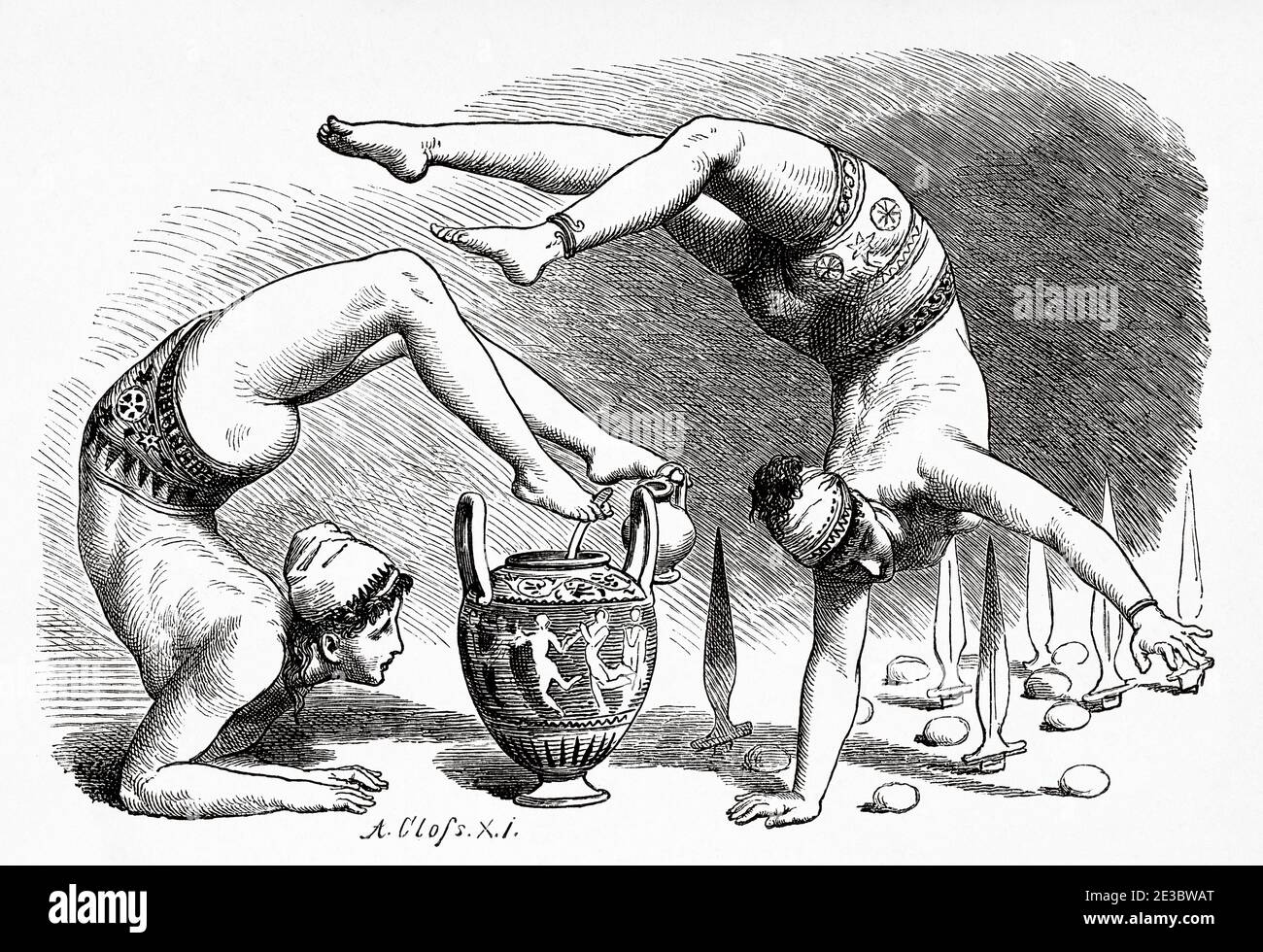 Les femmes qui font de la gymnastique, la danse des épées et l'opération de remplir les navires de leurs pieds, les traditions grecques anciennes. Grèce antique. Illustration gravée du XIXe siècle, El Mundo Ilustrado 1880 Banque D'Images