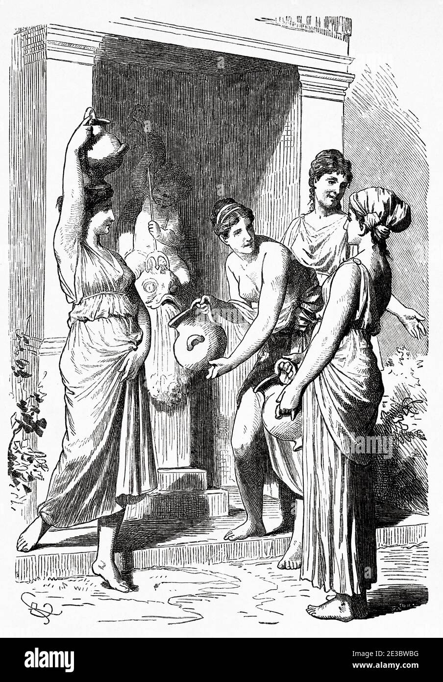 Portrait des esclaves grecs qui tirent l'eau d'une fontaine. Grèce antique. Illustration gravée du XIXe siècle, El Mundo Ilustrado 1880 Banque D'Images