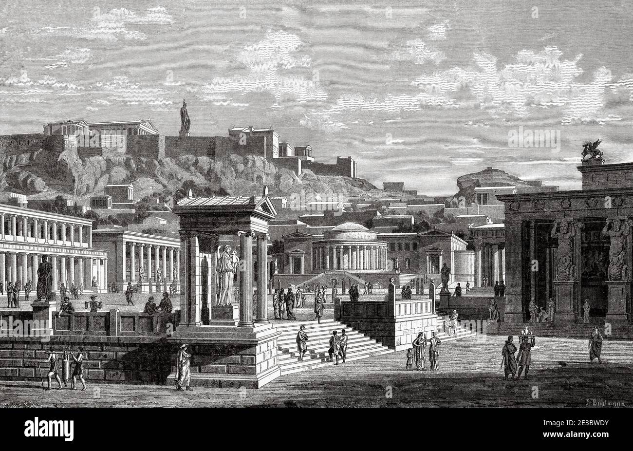 Vue artistique de la place du marché, d'Agora à Athènes, Grèce antique. Illustration gravée du XIXe siècle, El Mundo Ilustrado 1880 Banque D'Images