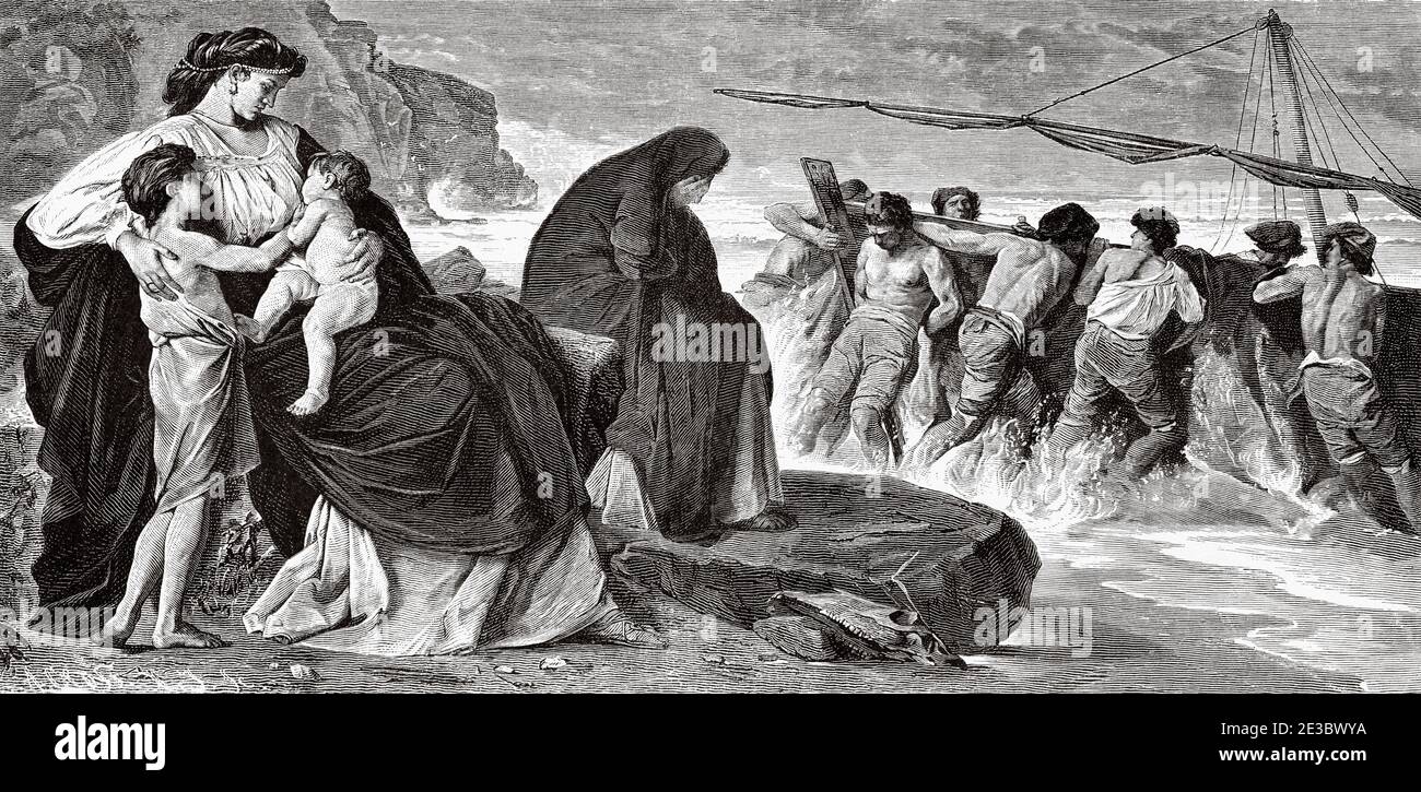 Adieu de MEDEA, qui a assassiné ses deux enfants pour vengeance contre son mari infidèle Jason. Mythologie grecque, Grèce antique. Illustration gravée du XIXe siècle, El Mundo Ilustrado 1880 Banque D'Images