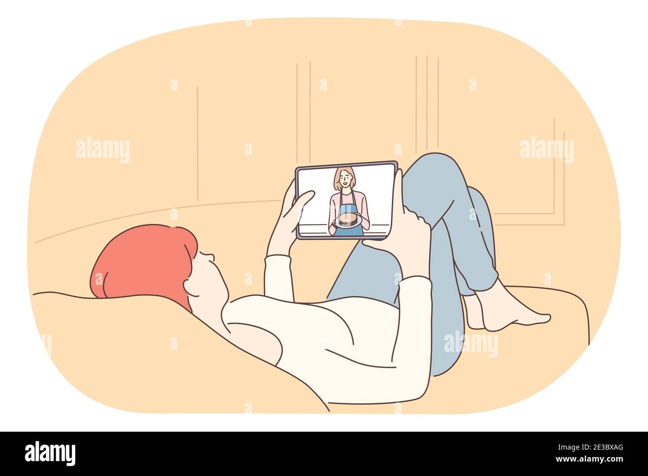 Apprentissage à distance, leçon en ligne, concept électronique. Jeune femme personnage de dessin animé se reposant dans le lit et regardant la leçon en ligne sur tablette à la maison vecto Illustration de Vecteur