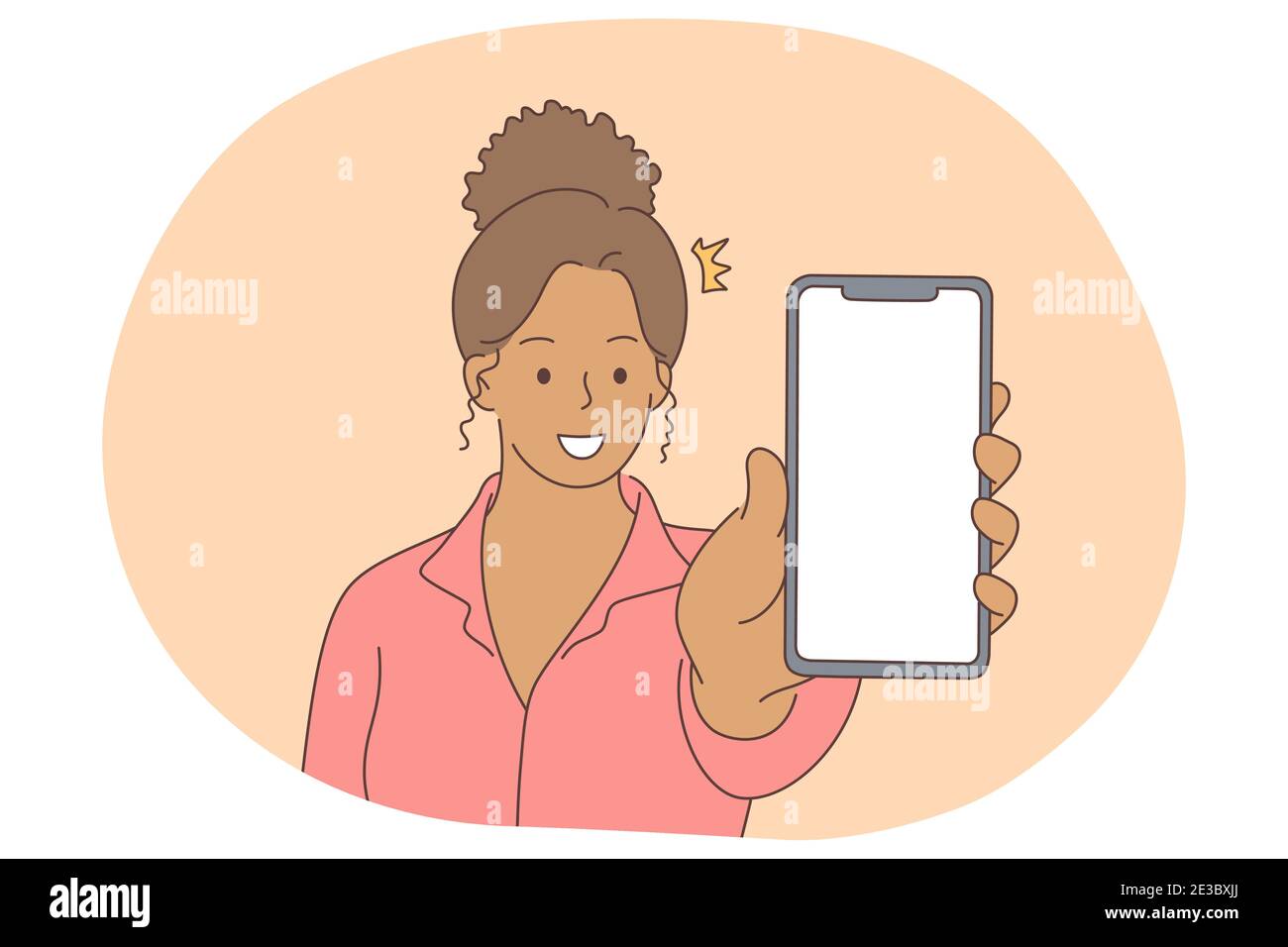 Communication en ligne, concept d'écran de smartphone. Jeune femme noire souriante montrant l'écran de smartphone avec une maquette blanche pour le texte ou le vecteur de lettrage il Illustration de Vecteur