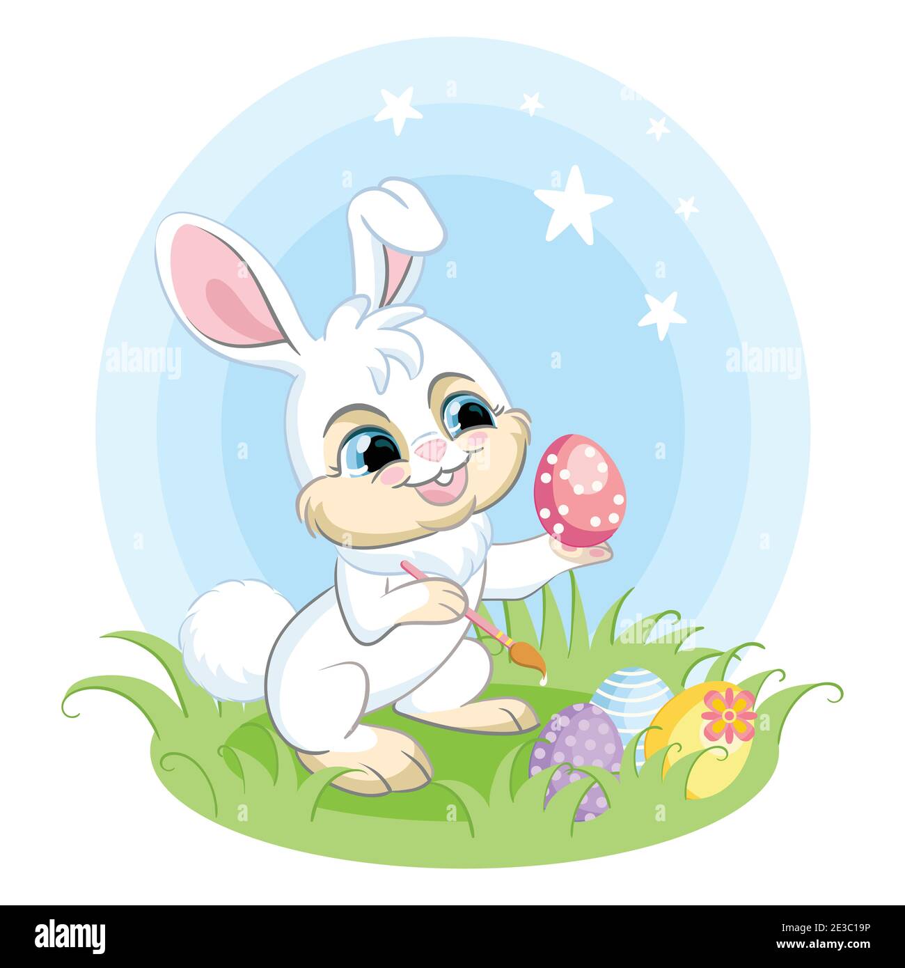 Adorable lapin blanc peint oeuf de Pâques. Illustration colorée isolée sur fond blanc. Dessin animé lapin pâques concept pour l'impression, t Illustration de Vecteur