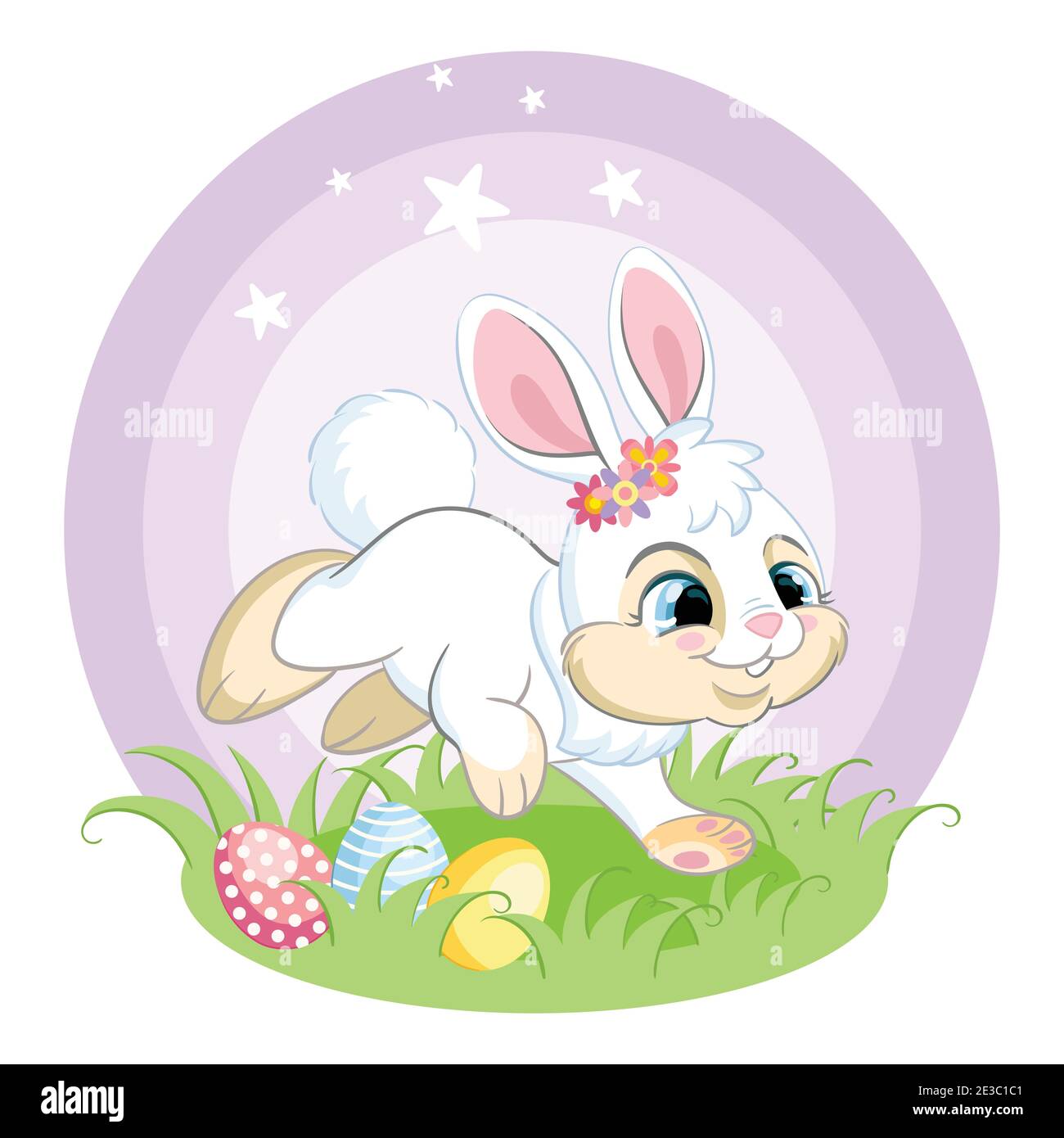 Mignon lapin blanc courant sur l'herbe de printemps avec des œufs de Pâques. Illustration colorée isolée sur fond blanc. Personnage de dessin animé lapin pâques concept Illustration de Vecteur