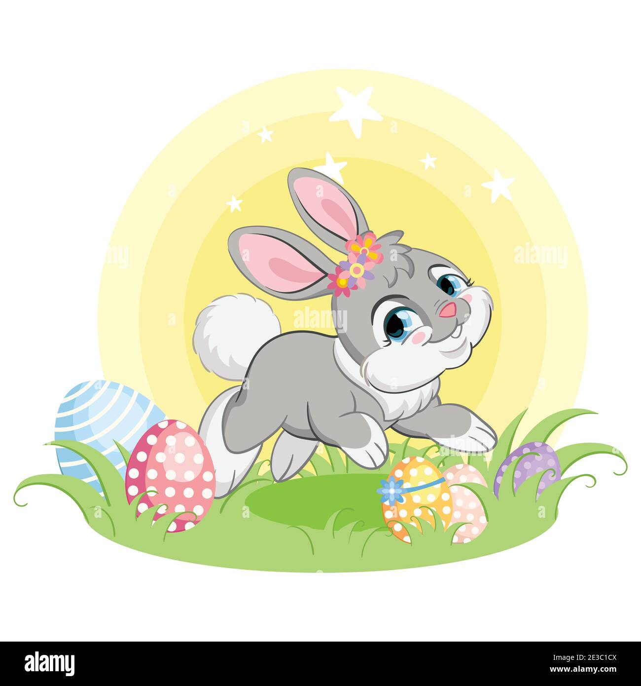 Mignon lapin gris courant sur l'herbe de printemps avec des œufs de Pâques. Illustration colorée isolée sur fond blanc. Personnage de dessin animé lapin pâques concept Illustration de Vecteur