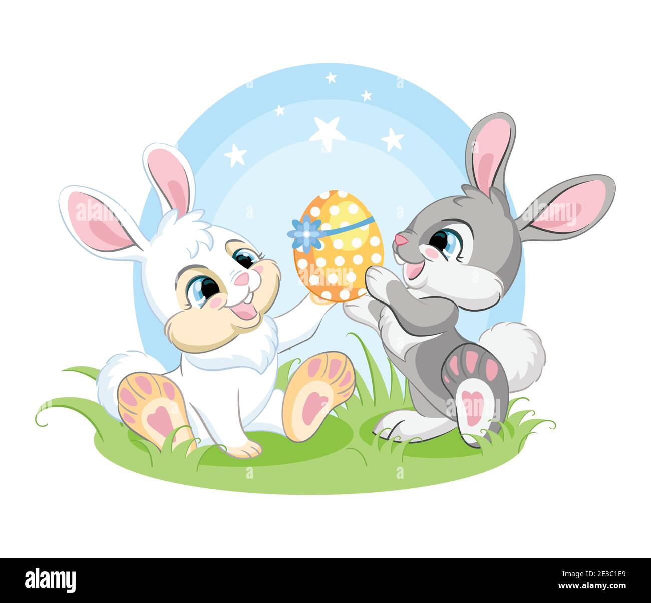 Des lapins blancs et gris mignons admirent l'œuf de Pâques. Illustration colorée isolée sur fond blanc. Personnage de dessin animé lapin pâques concept pour p Illustration de Vecteur