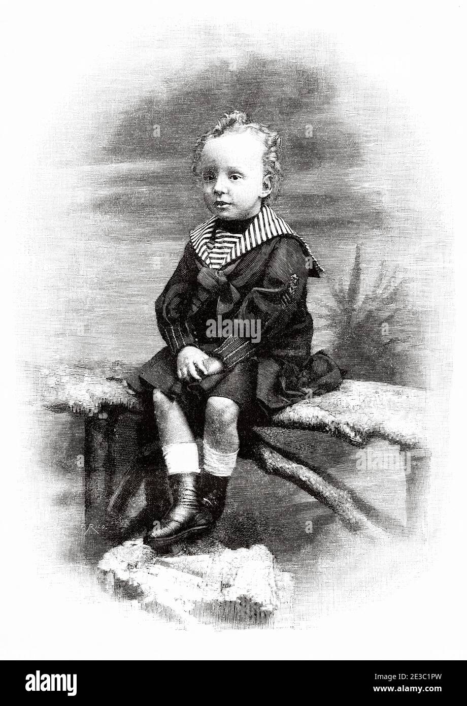 Portrait d'Alfonso XIII d'Espagne (Madrid 1886 - Rome 1941) roi d'Espagne de sa naissance jusqu'à la proclamation de la deuxième République espagnole le 14 avril 1931, Espagne. Illustration gravée de la Ilustracion Española y Americana datant du XIXe siècle 1890 Banque D'Images