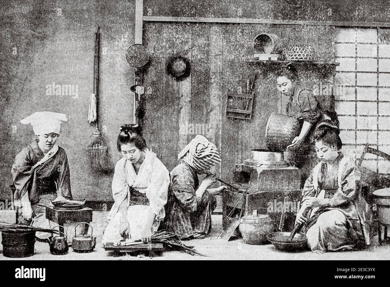 Ancienne photographie. Coutumes et traditions japonaises, vie quotidienne dans une cuisine, Tokyo. Japon. Illustration gravée de la Ilustracion Española y Americana datant du XIXe siècle 1894 Banque D'Images
