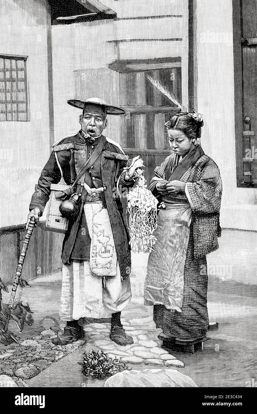 Personnages, coutumes et traditions du japonais, vendeur de rue. Japon. Illustration gravée de la Ilustracion Española y Americana datant du XIXe siècle 1894 Banque D'Images
