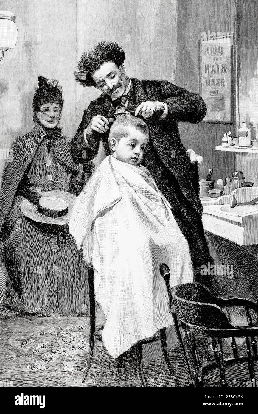 Un petit garçon dans un salon de coiffure au XIXe siècle. Illustration gravée de la Ilustracion Española y Americana datant du XIXe siècle 1894 Banque D'Images