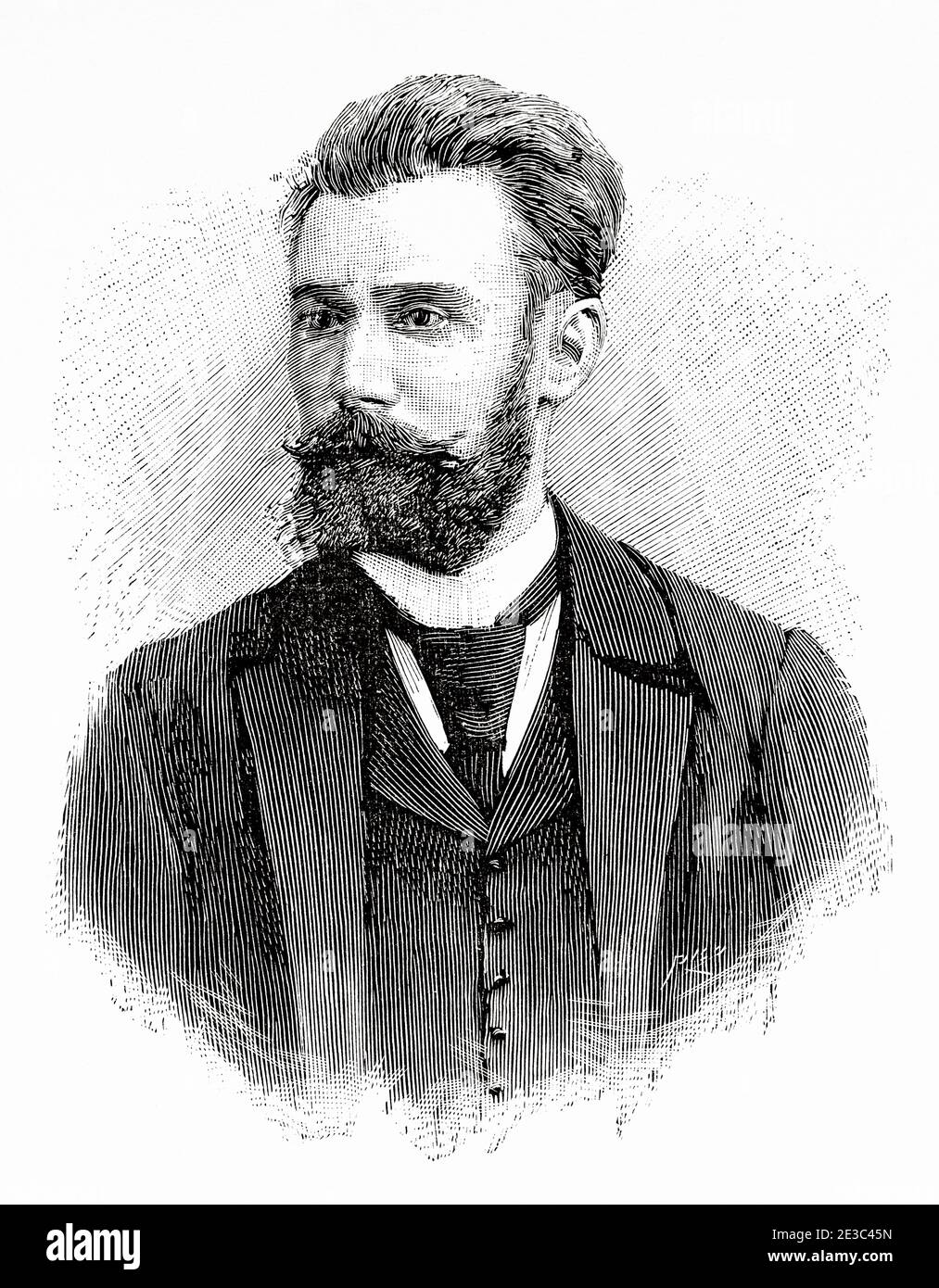 Portrait de Jacinto Ferrer Ganduxer inventeur de l'arrateur électrique automatique, Espagne. Illustration gravée de la Ilustracion Española y Americana datant du XIXe siècle 1894 Banque D'Images