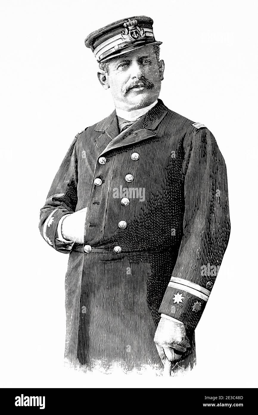 Portrait de Fernando Villaamil Fernández-Cueto (Serantes 1845 - Santiago de Cuba 1898) était un marin militaire espagnol, mort héroïque dans la bataille navale de Santiago de Cuba, dans la catastrophe de 1898. Espagne. Illustration gravée de la Ilustracion Española y Americana datant du XIXe siècle 1894 Banque D'Images