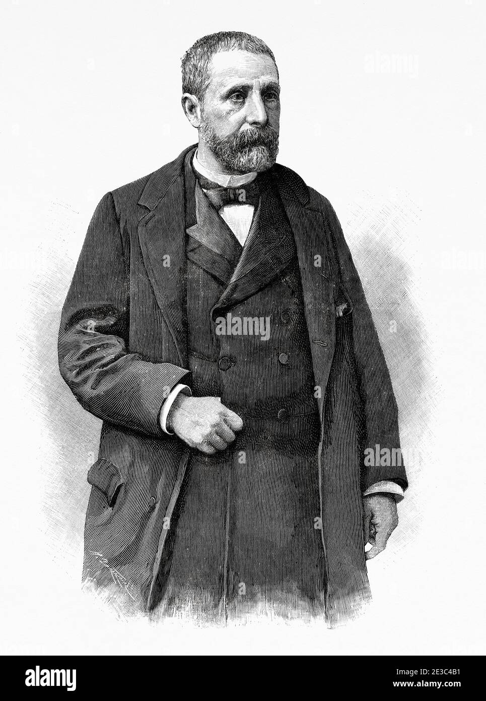 Portrait de Gaspar Núñez de Arce (Valladolid 1832 - Madrid 1903) poète et politicien espagnol qui a évolué du romantisme au réalisme littéraire, gouverneur de Barcelone, député de Valladolid en 1865 et ministre de l'outre-mer, de l'intérieur et de l'éducation avec le Parti libéral de Sagasta. Académique de la RAE en 1874. Espagne. Illustration gravée de la Ilustracion Española y Americana datant du XIXe siècle 1894 Banque D'Images
