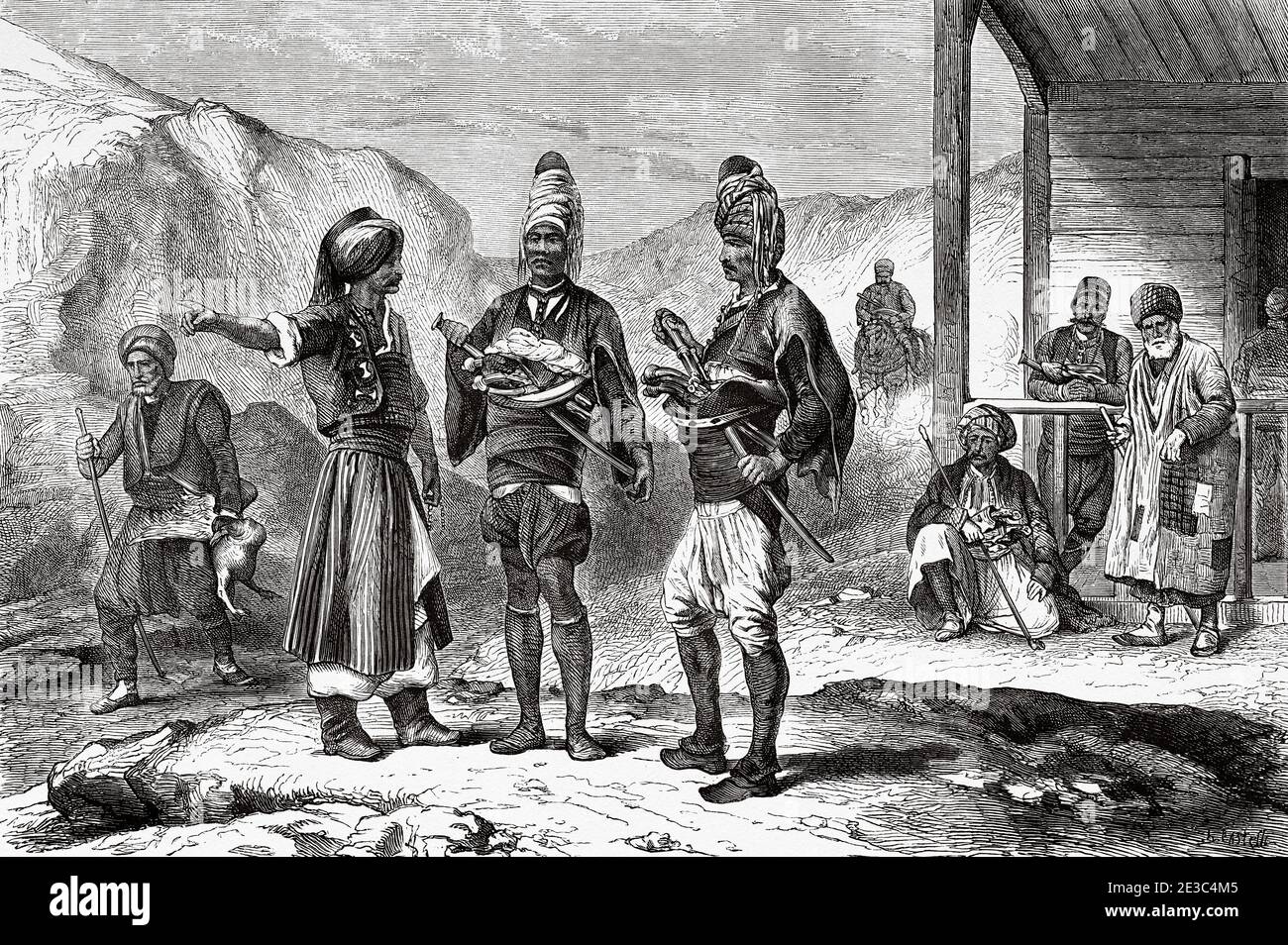 Vieille scène du peuple turc, Turquie. Vieux XIX siècle gravé du Tour du monde 1864 Banque D'Images