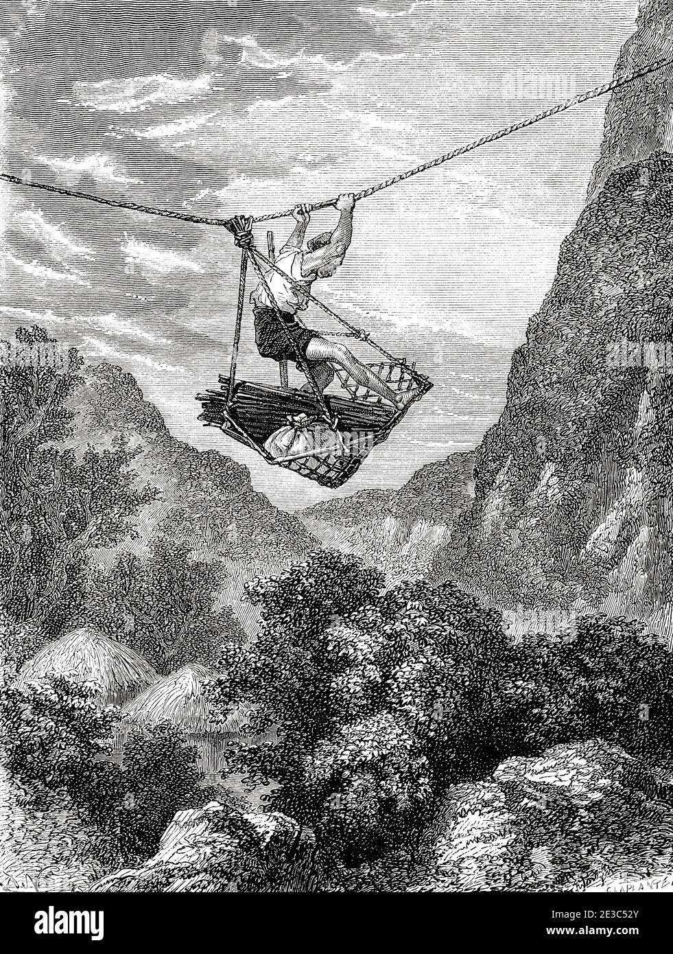 Pont aérien. Téléphérique rudimentaire au-dessus d'une vallée japonaise, au Japon. Ancienne illustration gravée du XIXe Voyage au Japon par aime Humbert de El Mundo en la Mano 1879 Banque D'Images