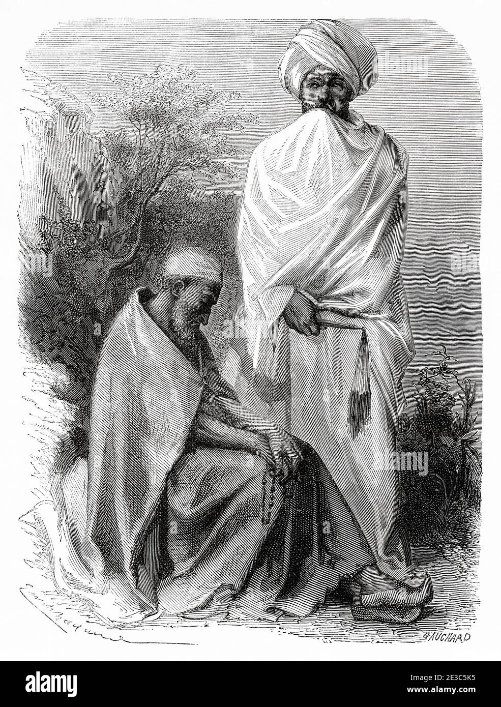 Deux moines Abyssiniens, Éthiopie. Ancien XIXe siècle gravé, récit d'un voyage à travers l'Abyssinie par Guillaume Lejean d'El Mundo en la Mano 1879 Banque D'Images