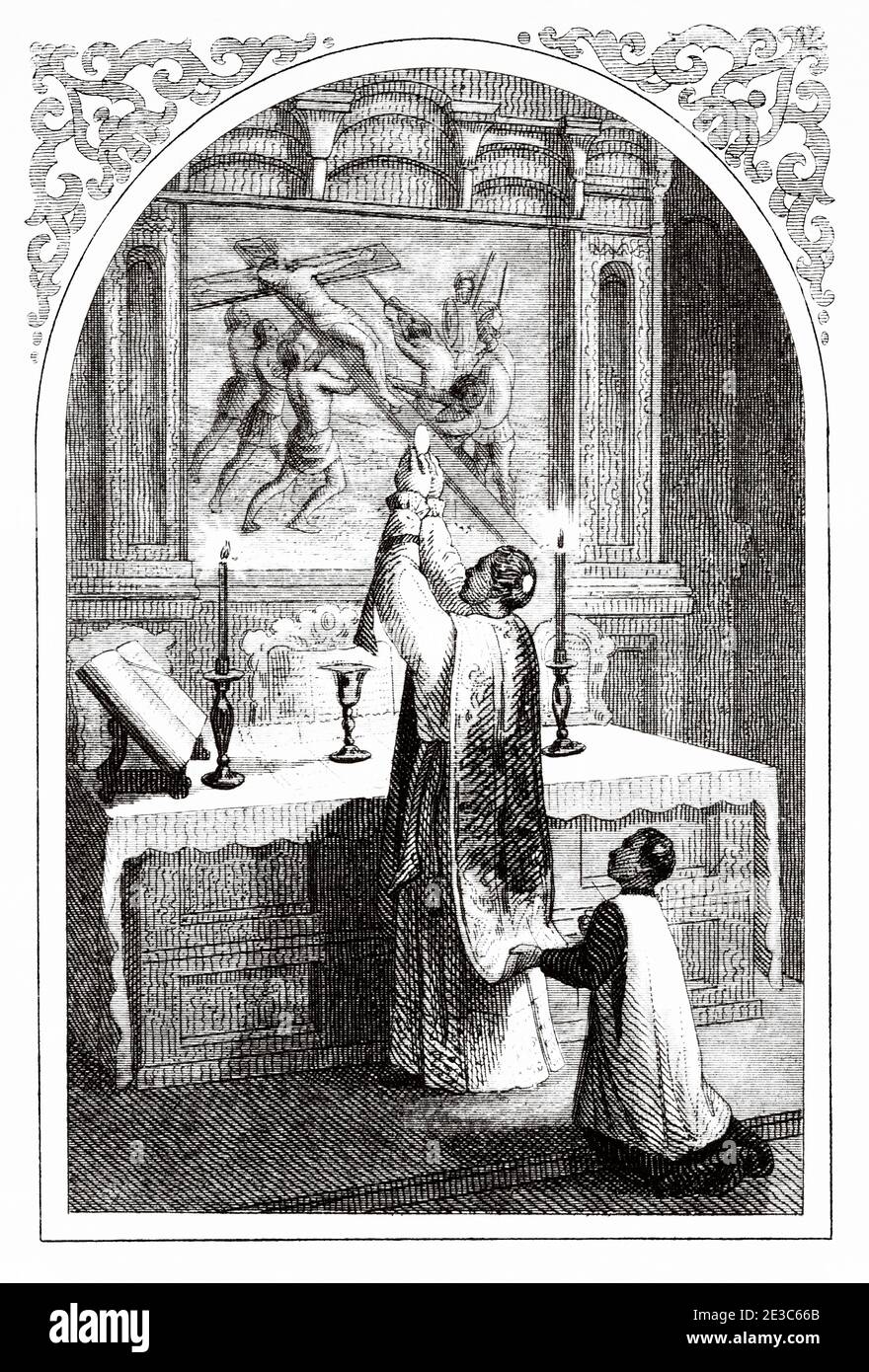 Cérémonie d'élévation de l'hôte dans la messe sainte de l'Église catholique. Illustration de la gravure du XIXe siècle. Ancien Epithalamion 1852. Collection d'exercices prières et métiers Banque D'Images