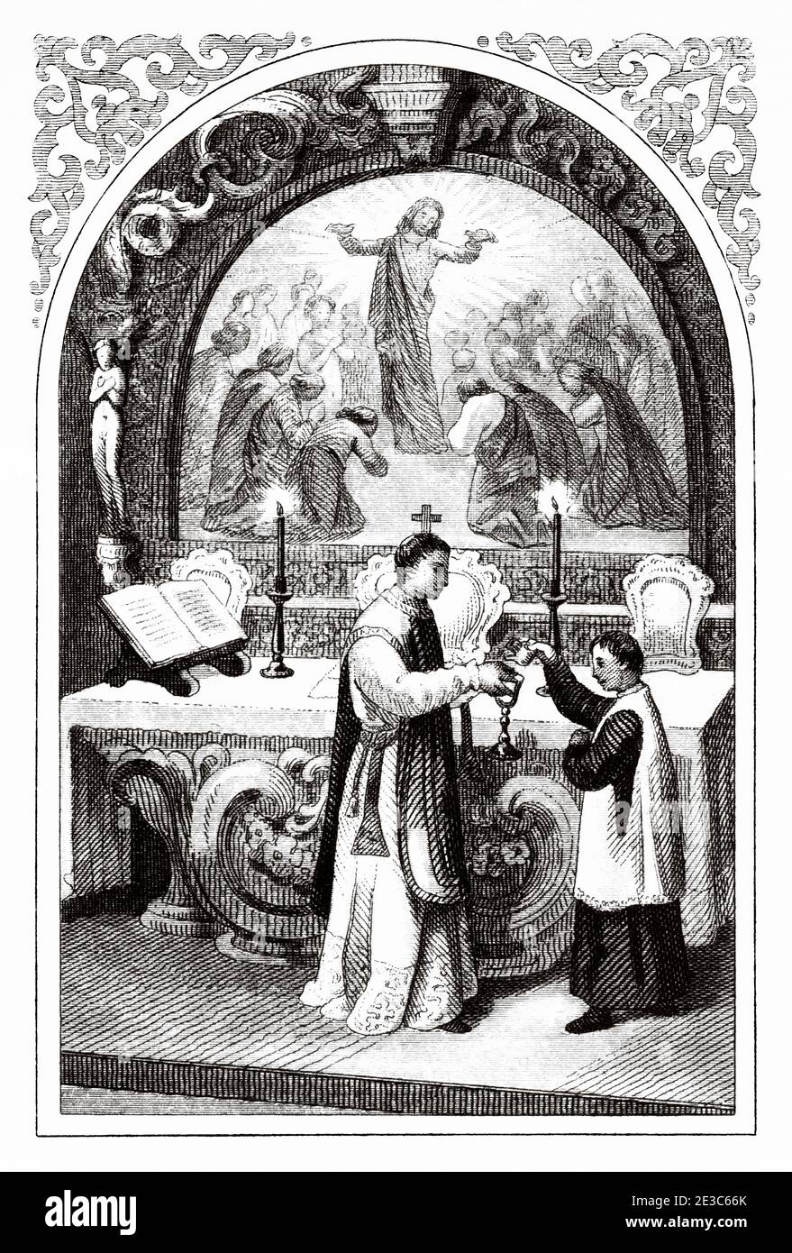 Cérémonie de la dernière ablution dans la messe sainte de l'Église catholique. Illustration de la gravure du XIXe siècle. Ancien Epithalamion 1852. Collection d'exercices prières et métiers Banque D'Images