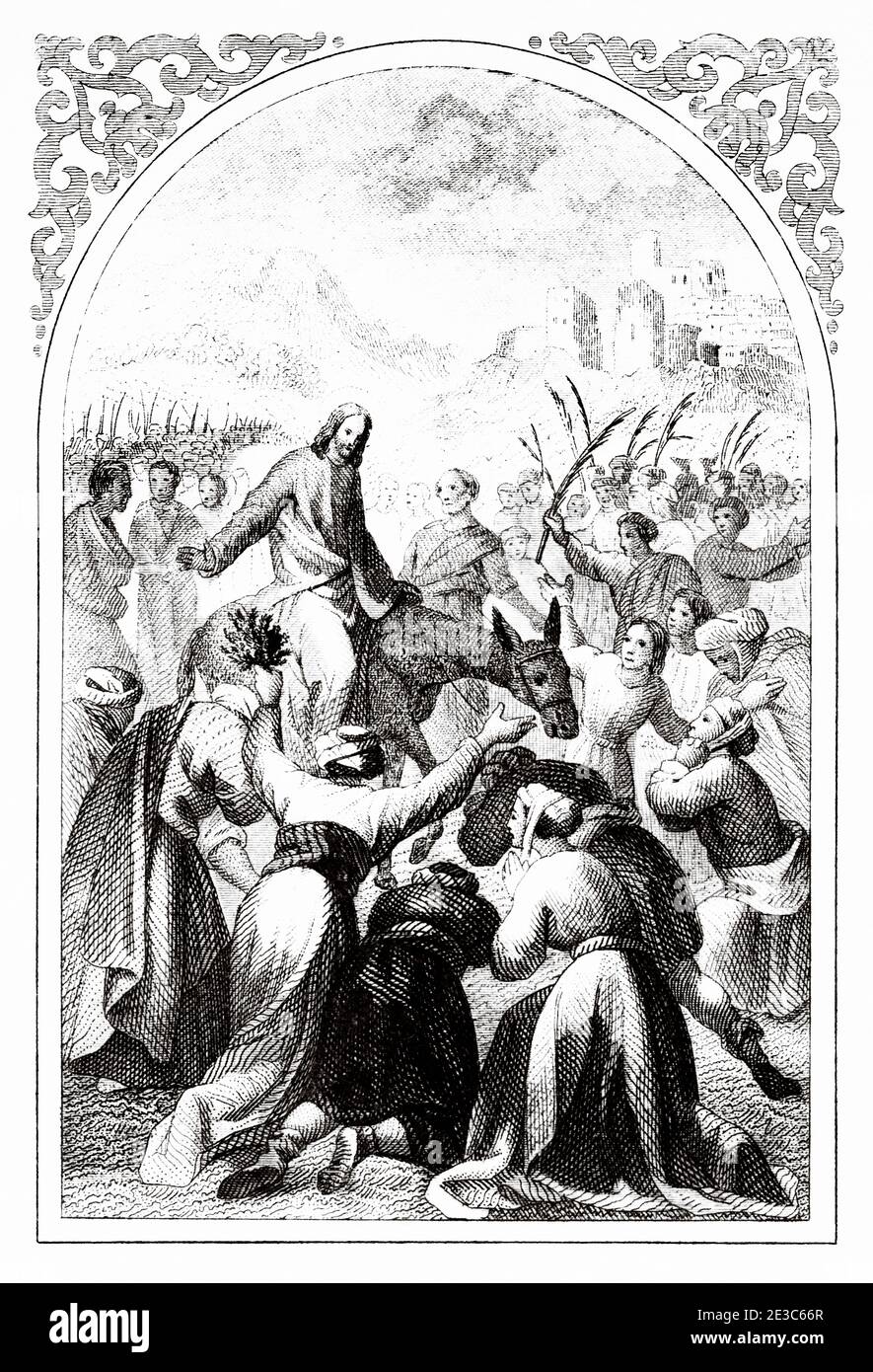 Entrée du Christ à Jérusalem. Dimanche des palmiers. Illustration de la gravure du XIXe siècle. Ancien Epithalamion 1852. Collection d'exercices prières et métiers Banque D'Images