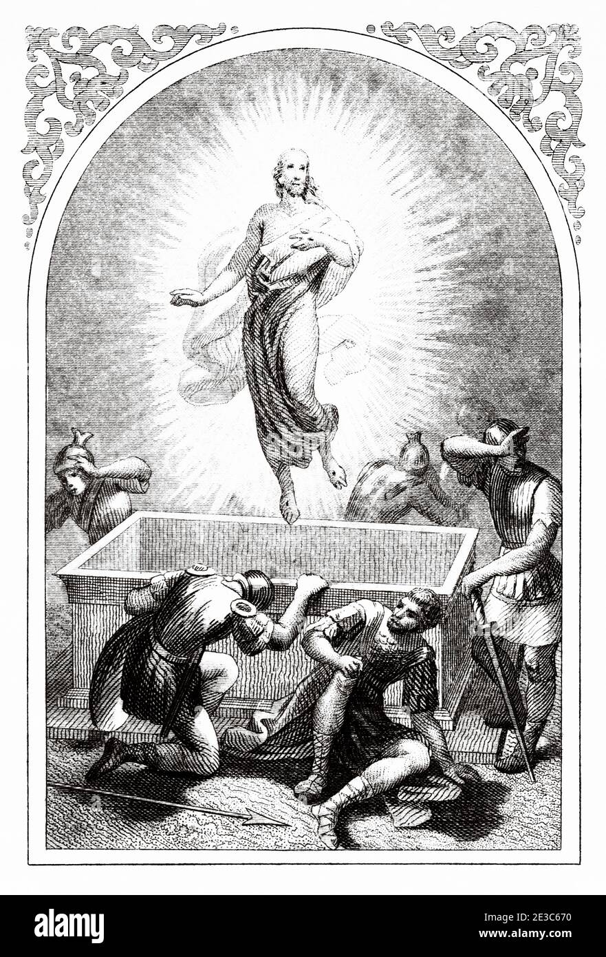 Jésus résurrection des morts. Notre Seigneur Jésus, fils de Dieu, a été ressuscité divinement par sa propre vertu. Illustration de la gravure du XIXe siècle. Ancien Epithalamion 1852. Collection d'exercices prières et métiers Banque D'Images