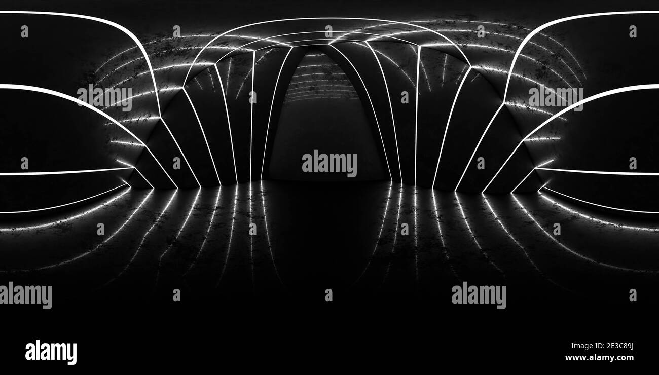 panorama à 360 degrés de l'intérieur d'un bâtiment de design futuriste noir foncé illustration de rendu 3d Banque D'Images