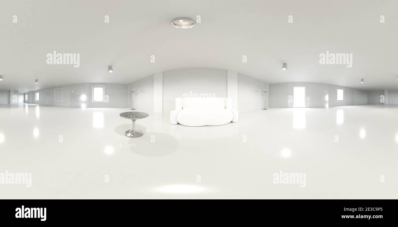 Salon à 360 degrés VR HDR style panorama avec intérieur moderne canapé, table et lampes 3d rendu illustration Banque D'Images