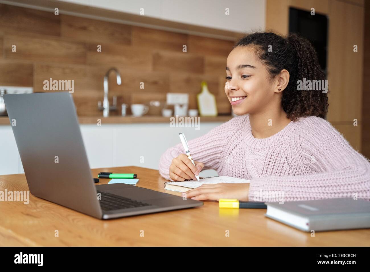 Portrait de l'élève étudiant en ligne sur son ordinateur portable à la maison. Banque D'Images