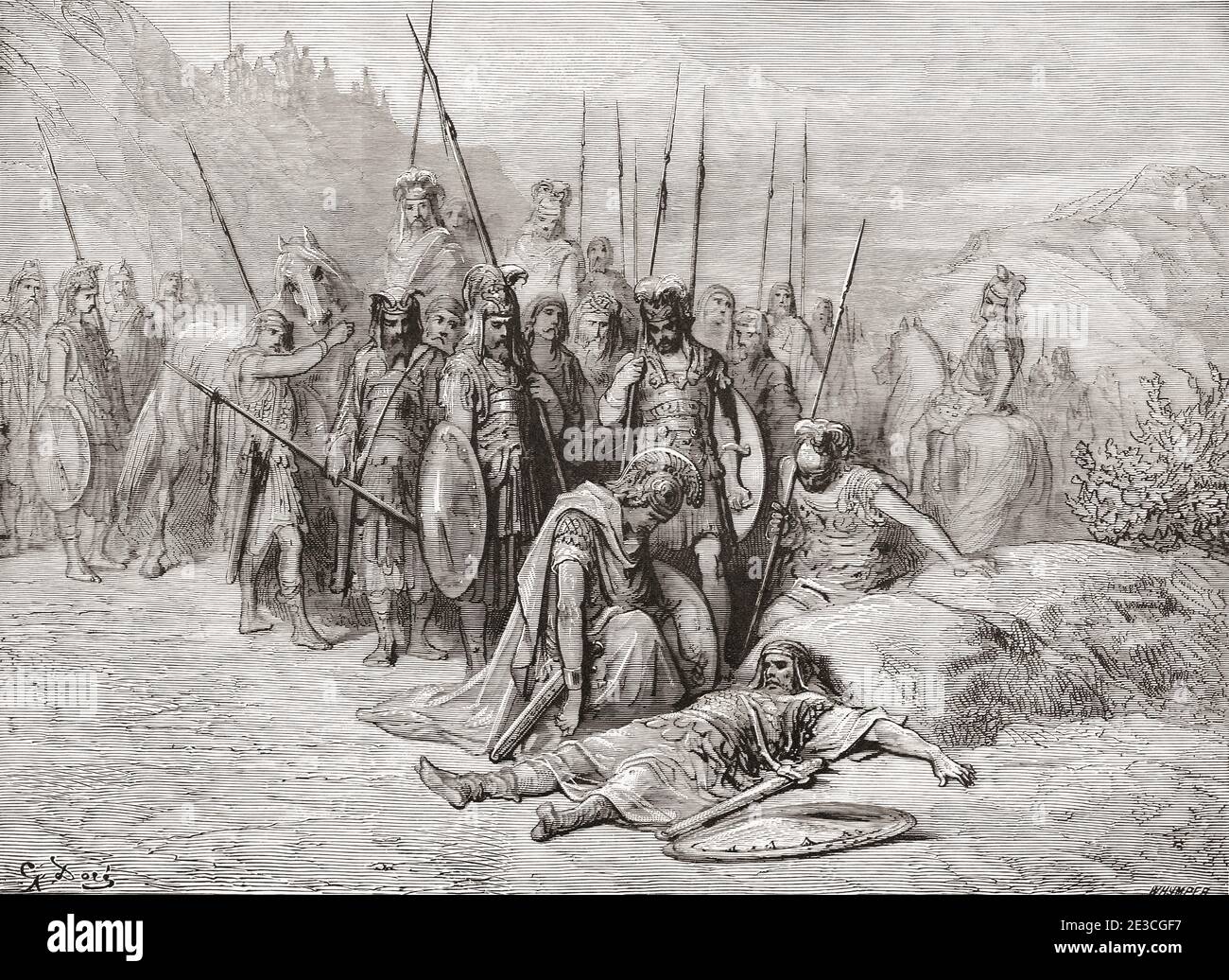 Alexandre le Grand découvre le corps du roi Darius III Après une œuvre du XIXe siècle par Gustave Dore. Alexander the Great, 356 BC - 323 BC. King Darius III, c.33 BC - 330 BC. Banque D'Images
