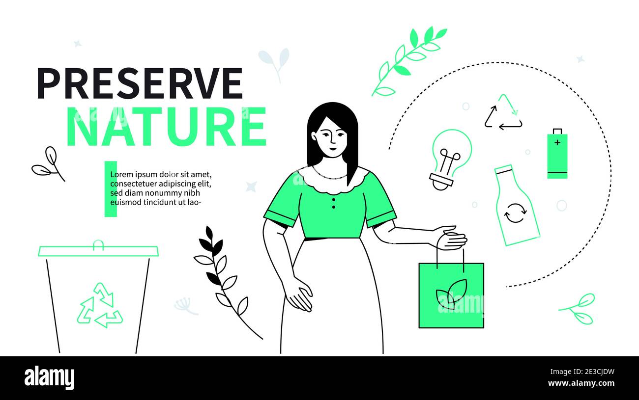 Préserver la nature - bannière web de style design de ligne colorée sur fond blanc avec espace de copie pour le texte. Composition avec une femme qui dépose un sac dans un Illustration de Vecteur