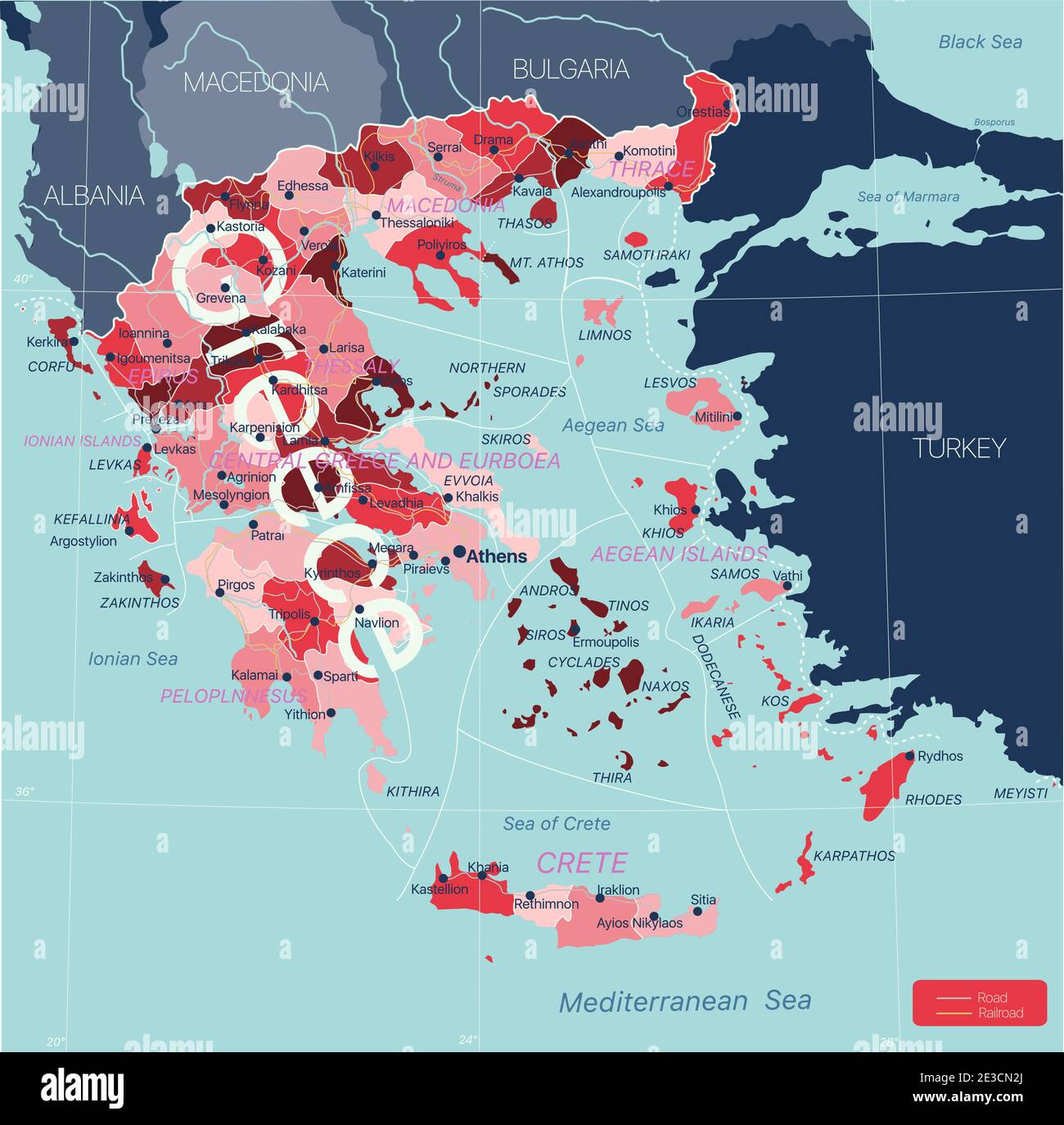 Grèce carte détaillée modifiable avec régions villes, routes et chemins de fer, sites géographiques. Fichier vectoriel EPS-10 Illustration de Vecteur