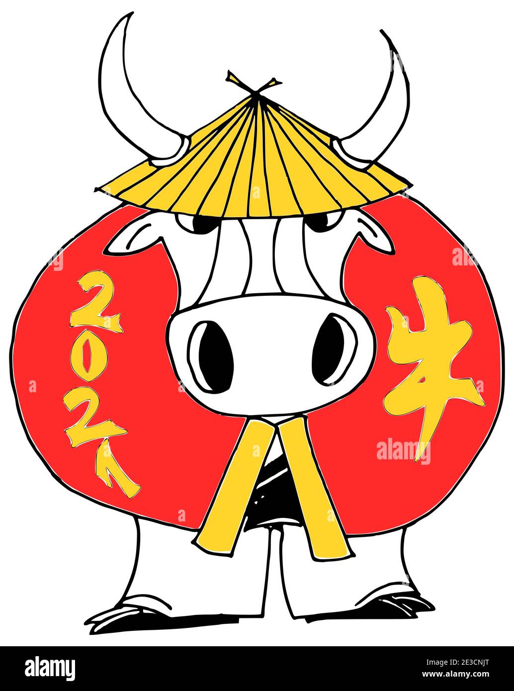 Le dessin à la main caricature ox représente le nouveau zodiaque de l'année chinoise 2021 signe Banque D'Images