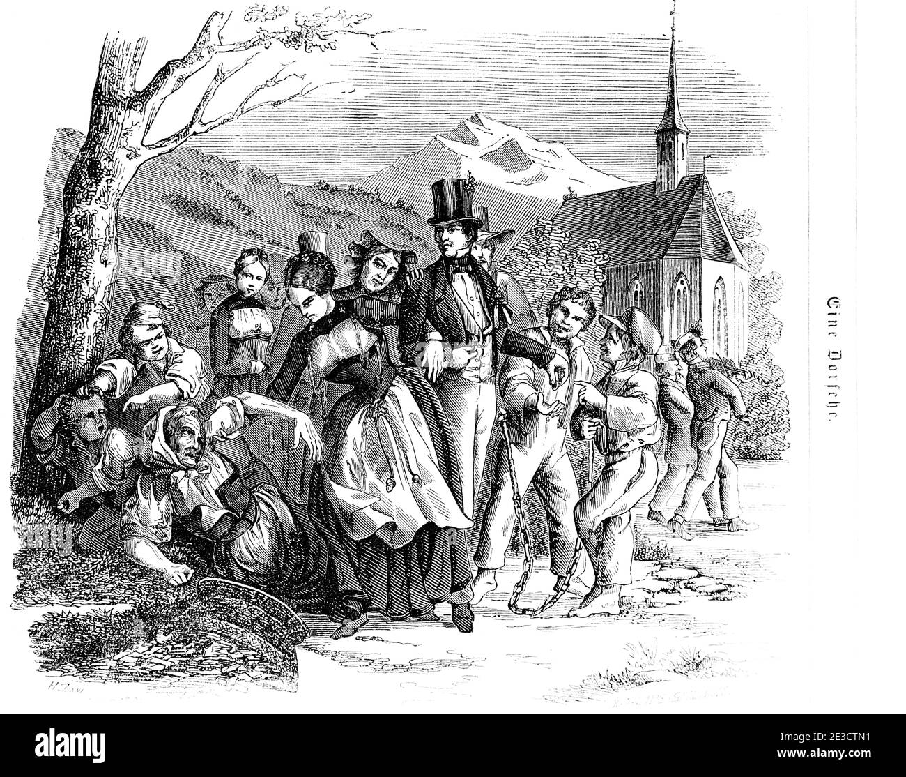 Mariée et marié marchant dans le village, calendrier suisse avec une histoire sur un mariage de campagne, Saint-Gall Suisse 1853 Banque D'Images